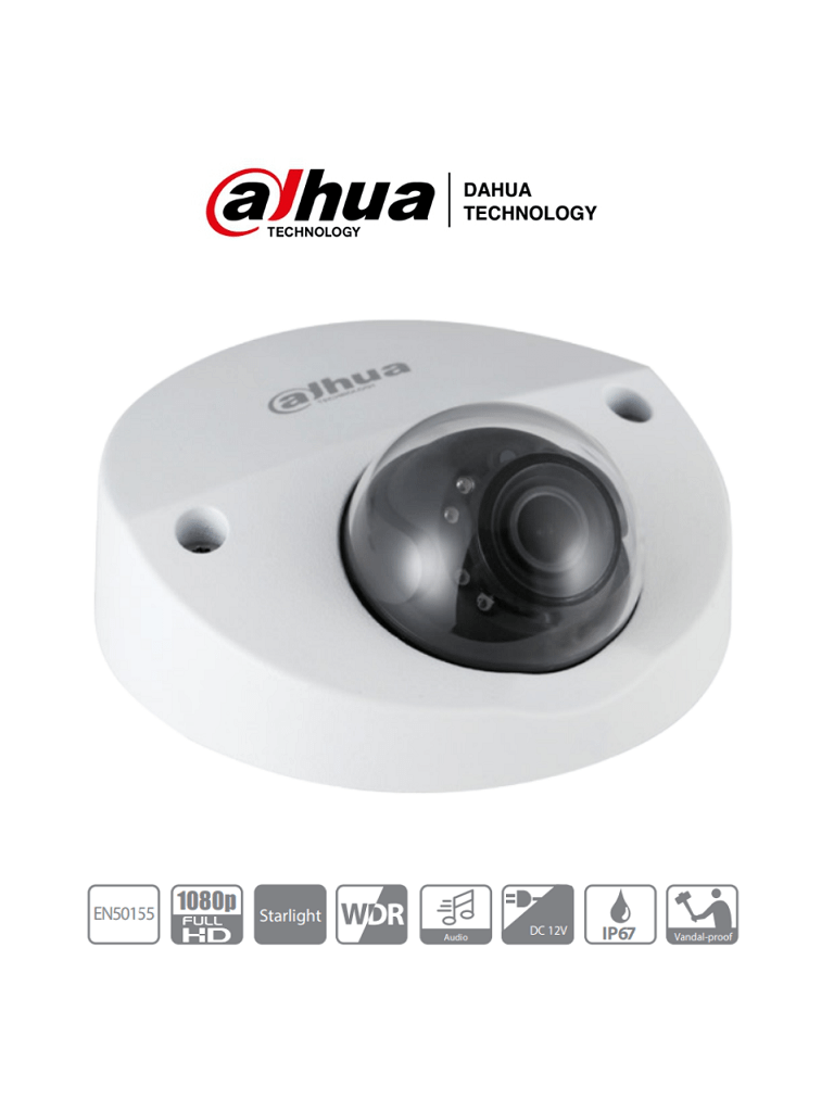 [DH-HAC-HDBW2241FN-M-A-0280B] DAHUA HDBW2241F-M-A-28 - Camara Domo 1080p/ 2 Megapixeles/ Especial para DVR Movil/ Starlight/ Lente de 2.8mm/ IR 20 Mts/ Microfono Integrado/ WDR Real de 120 dB/ IP67/ IK10/