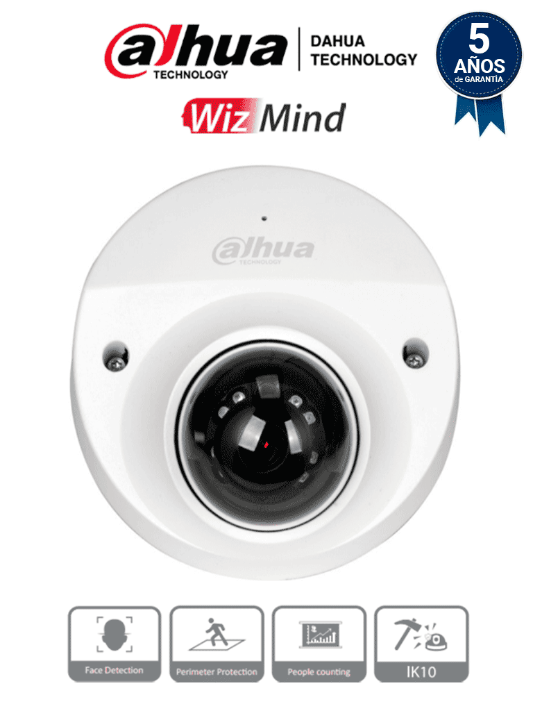 [DH-IPC-HDBW5241FN-M] DAHUA IPC-HDBW5241F-M-SA - Camara IP Domo de 2 Megapixeles para NVR Movil/ WizMind/ Lente de 8 mm/ 40 Grados de Apertura/ H.265+/ Ideal para Reconocimiento Facial y Detección de Rostros/ IR de 30 Metros/ Ranura para MicroSD/ SMD Plus/