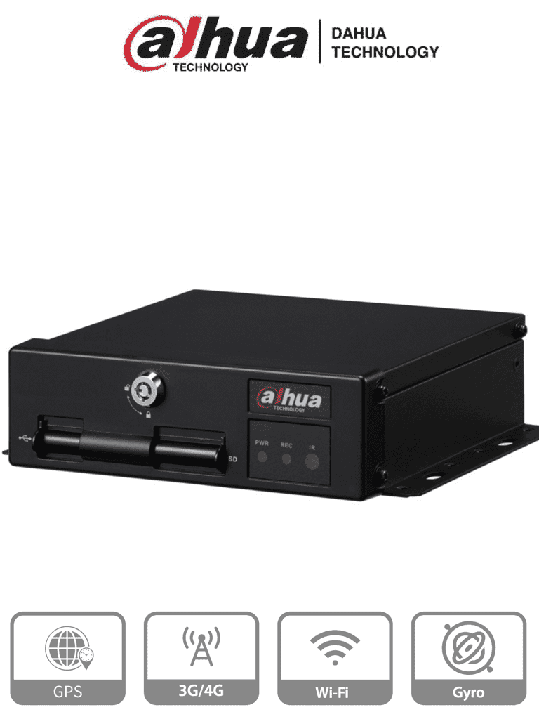 [DHI-MXVR1004-GFWI] DAHUA DHI-MXVR1004-GFWI - DVR móvil de 4 canales analógicos + 1 IP, Resolución 1080p, Comunicación Ethernet, Wi-Fi y 3G/4G, Incorpora GPS, Principales analíticos: DSM y ADAS, Admite 2 tarjetas SD de hasta 256 (cada una), E&S Alarmas