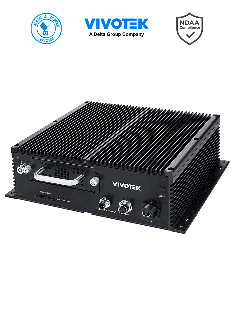 [NV9321P] VIVOTEK NV9321P - NVR móvil 8 canales, 2 Bahias SSD 2.5", 8 puertos PoE M12, 1 puerto GE, 1 puerto HDMI, 1 puerto VGA, G-Sensor, GPS, 8xDI/4xDO, Salida de audio, EN50155:2021, MIL-STD-810G, ONVIF, WiFi (opcional), LTE (opcional)