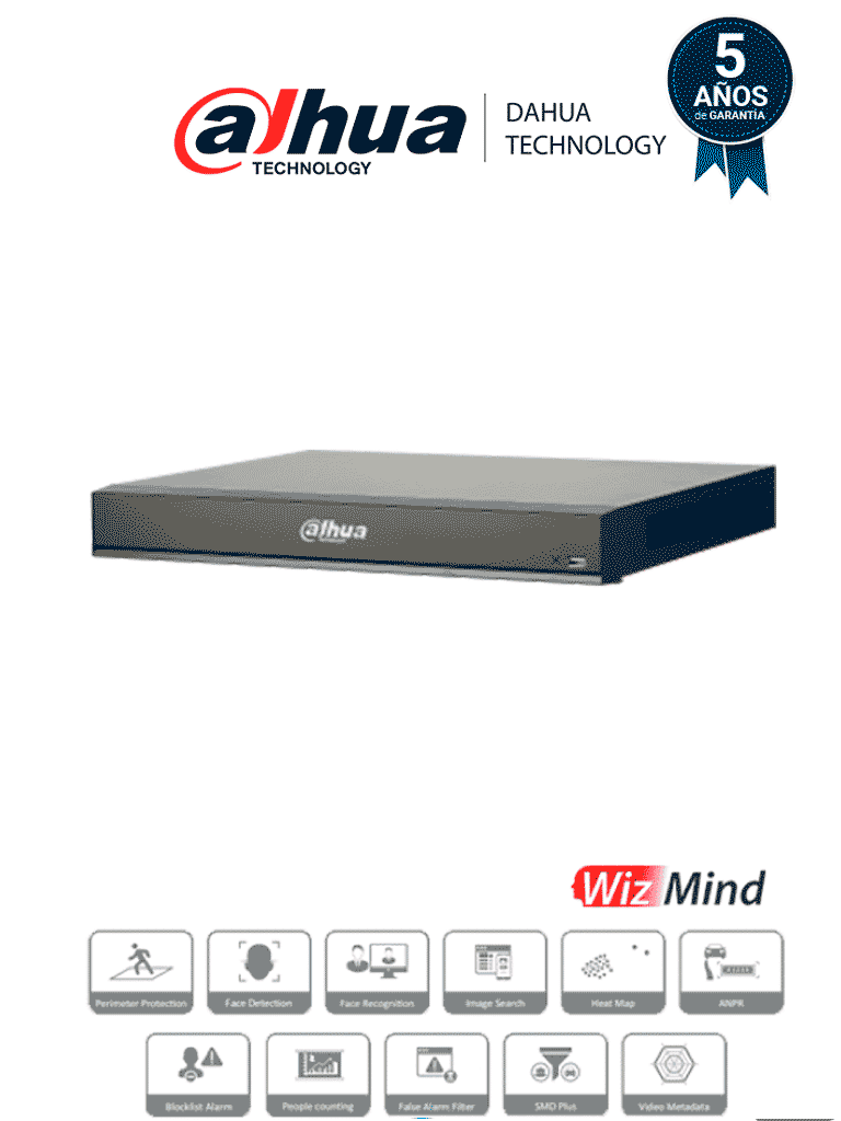 DAHUA DHI-NVR5216-16P-I/L - NVR de 16 Canales 4k/ WizMind/ 16 Puertos PoE/ H.265+/ 4 Canales de Reconocimiento Facial/ 20 Bases de Datos de Rostros/ 2 Bahías de Discos Duros/ Rendimiento de 320 Mbps/ 4&2 E&S de Alarma/