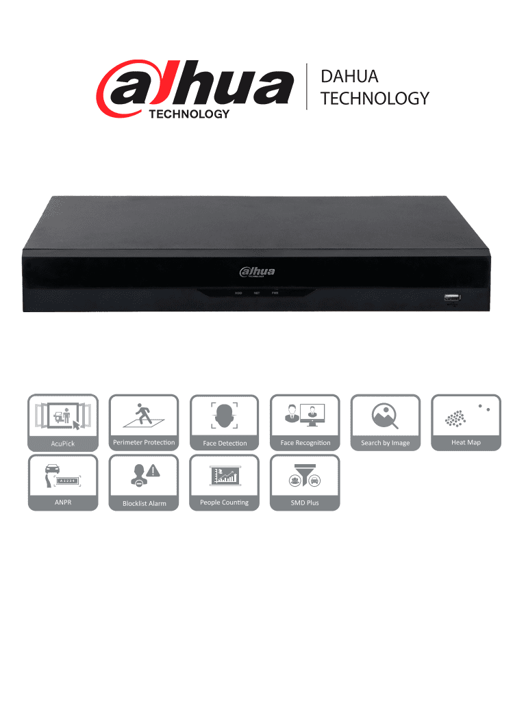 [DHI-NVR5216-16P-EI] DAHUA NVR5216-16P-EI NVR IP WizSense de 16 canales 1U/ 16PoE/ 2HDD/ H.265+/H.265/ 384 Mbps/ AcuPick / N+M cluster/ IA por grabador: FD y FR /Protección perimetral/ SMD Plus