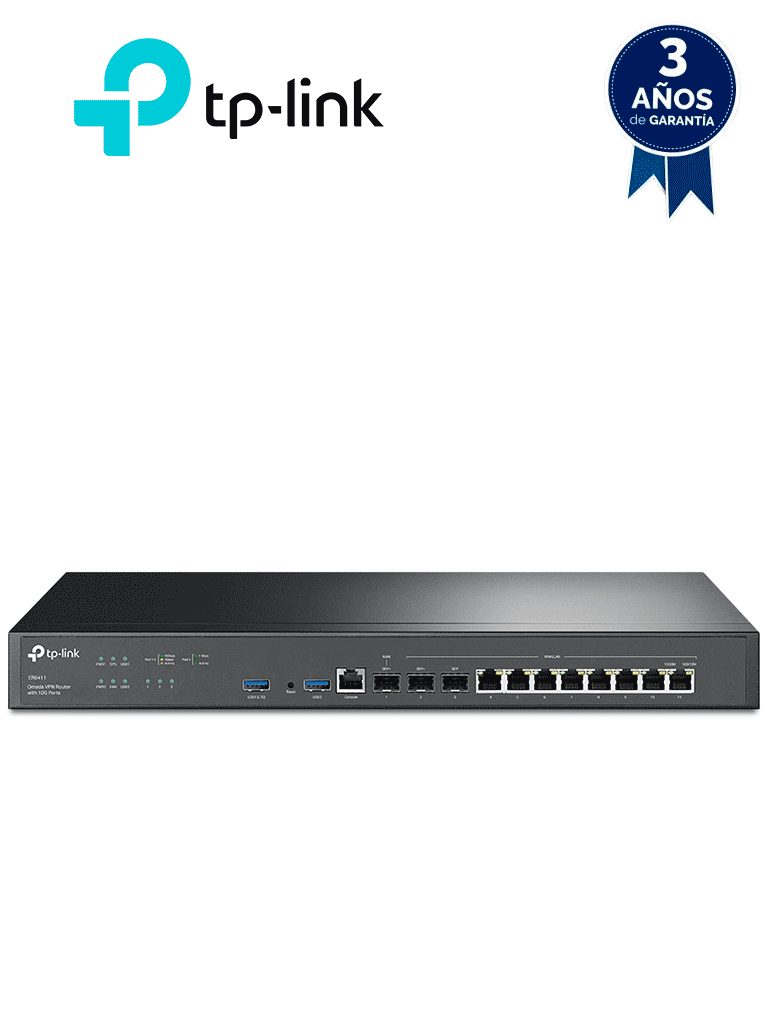 TP-LINK ER8411 - Router VPN Omada, 1 puerto WAN 10G SFP+, 1 puerto WAN/LAN 10G SFP+, 1 puerto WAN/LAN 1G SFP+, 8 puertos WAN/LAN GE, ZTP, Administracion Centralizada, Secure VPN, Firewall potente, Filtrado de IP/MAC/URL, enlace IP-MAC #TP9