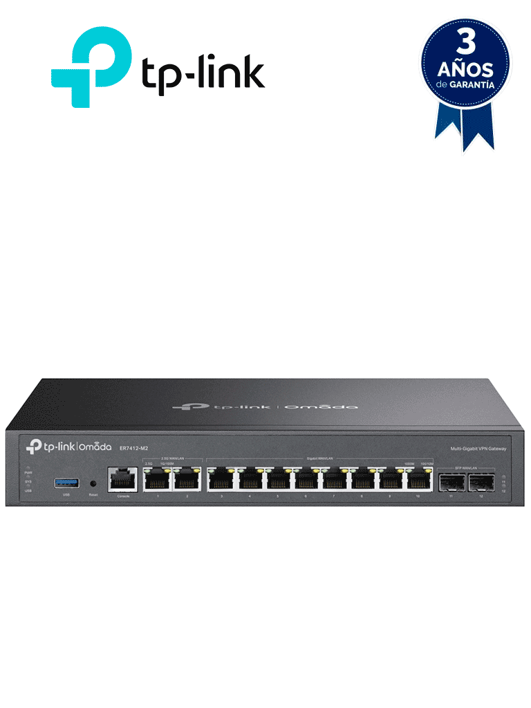 TP-LINK ER7412-M2 - Router VPN Omada Multi-Gigabit , 2 puertos WAN/LAN a 2.5G , 10 puertos Gigabit WAN/LAN (2× SFP, 8× RJ45) , Balanceo de carga hasta 11 puertos WAN , Gestión centralizada en la nube a través de la web o de la aplicación Omada.