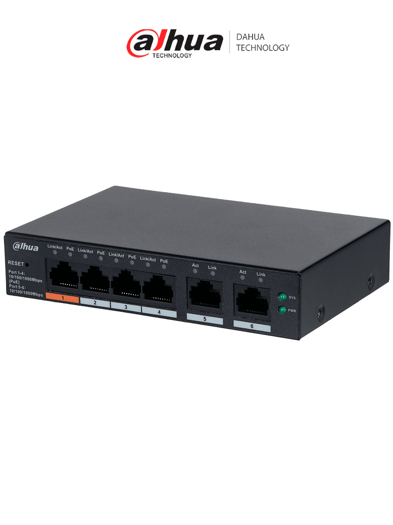 DAHUA CS4006-4GT-60 - Switch PoE de 6 Puertos Gigabit/ 4 Puertos PoE 10/100/1000/ 2 Puertos Uplink 10/100/1000/ 60 Watts Totales/ Administrable en la Nube por DoLynk Care/ PoE Hasta 250 Metros/ Carcasa Metalica/ Switching 12 Gbps #MCI2 #RMM
