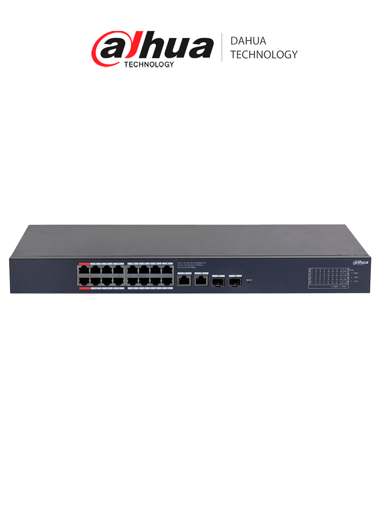 DAHUA DH-CS4220-16GT-190 Switch Poe de 16 Puertos Gigabit con PoE inteligente, puerto rojo de 90W, 190W totales, 2 puertos SFP, PoE Watchdog, switching de 40 Gbps y protección avanzada contra descargas. Plataforma DoLynk Care/ #LoNuevo