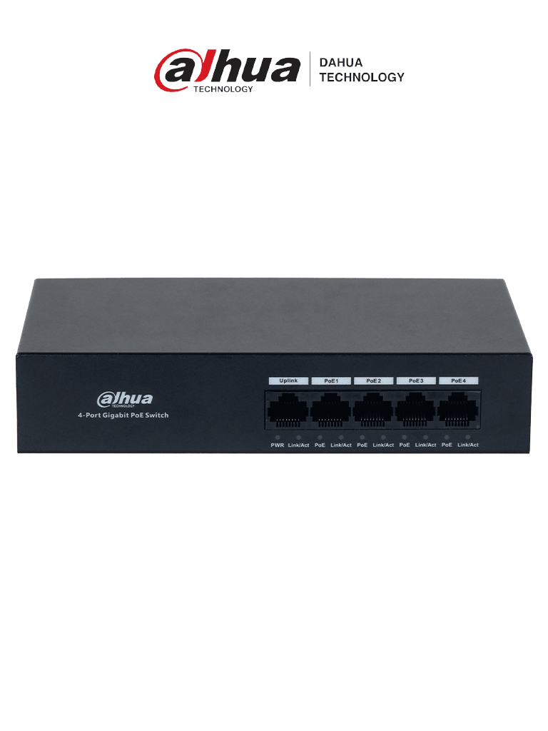 DAHUA DH-PFS3005-4GT-36 - Switch con 4 puertos Gigabit PoE y 1 puerto Uplink RJ45 10/100/1000 Mbps. Ofrece protección contra descargas eléctricas, ideal para alimentar dispositivos IP. Incluye fuente de Poder. #Anivdahua2 #SWDA