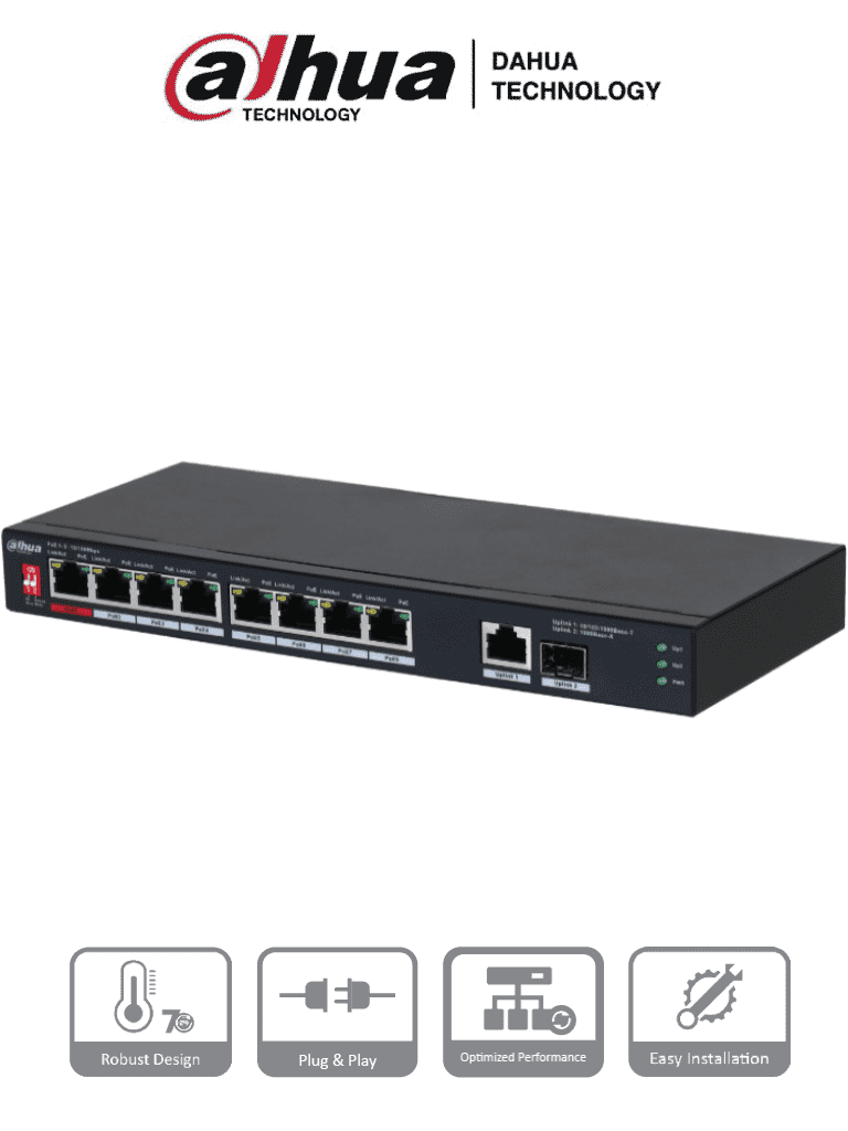 DAHUA PFS3110-8ET1GT1GF-96 -Switch PoE de 10 Puertos/8 Puertos Poe 10/100/1Puerto SFP de1000 Mbps/1 Puerto Uplink de 10/100/1000/ 96 Watts Totales/ Alimentación hasta 250 Mts/Soporta PoE Whatchdog/Puerto Rojo soporta IEEE 802.3bt/#SwitchD2 #MCI2 #RMM