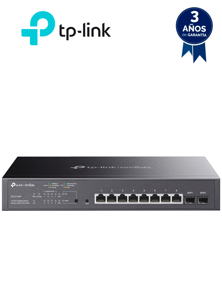 [SG2210MP] TP-LINK SG2210MP - Switch JetStream SDN administrable con 8 puertos 10/100/1000 Mbps y 2 puertos SFP, equipado con 8 puertos PoE y un presupuesto total de 150W. Permite administración centralizada a través de OMADA SDN."