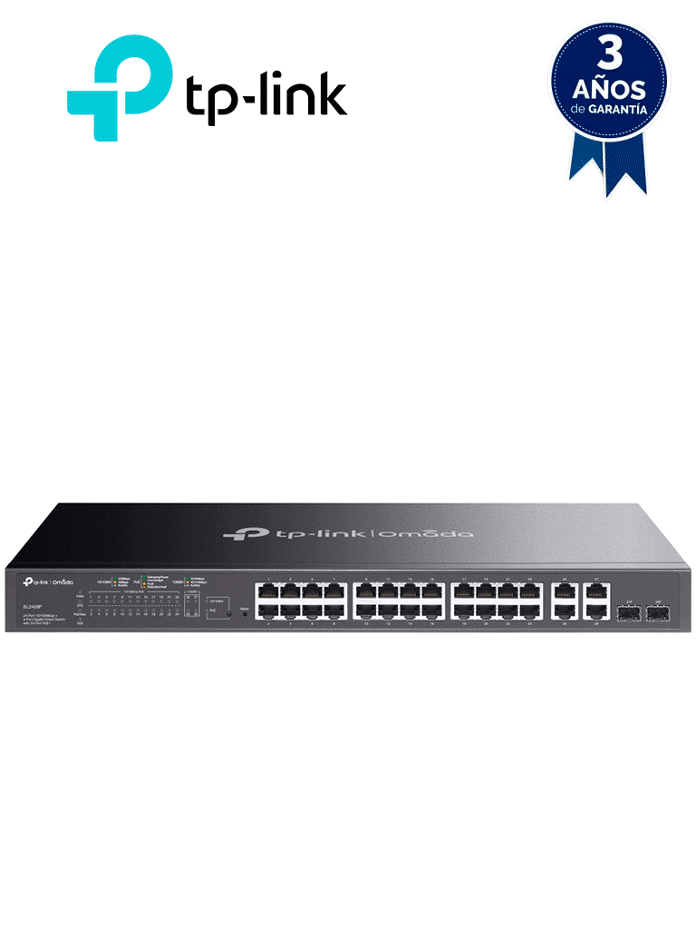 TP-LINK SL2428P - Switch PoE+ JetStream SDN administrable con 24 puertos 10/100 Mbps, 2 puertos 10/100/1000 Mbps (Uplink), 2 puertos SFP (combo 2 RJ45 10/100/1000 Mbps), capacidad de 250W y administración centralizada OMADA SDN.