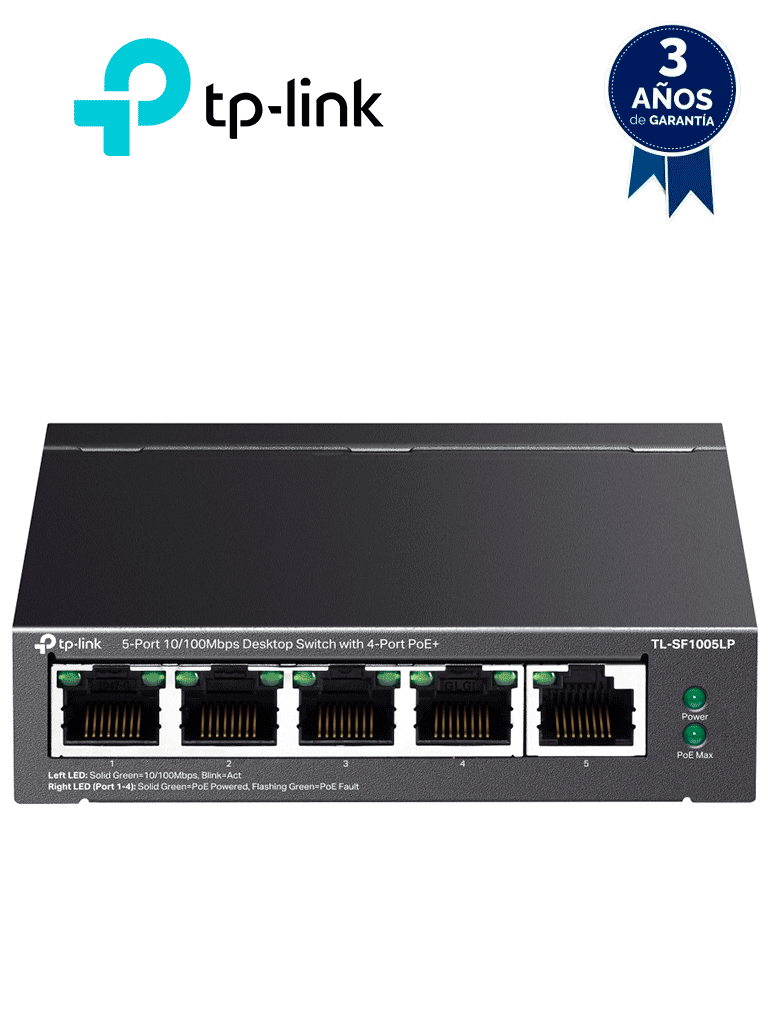TP-LINK TL-SF1005LP - Switch PoE no administrable con 5 puertos Fast Ethernet, incluyendo 4 puertos PoE AF. Presupuesto PoE de hasta 41W y modo extendido para conexiones de hasta 250m.