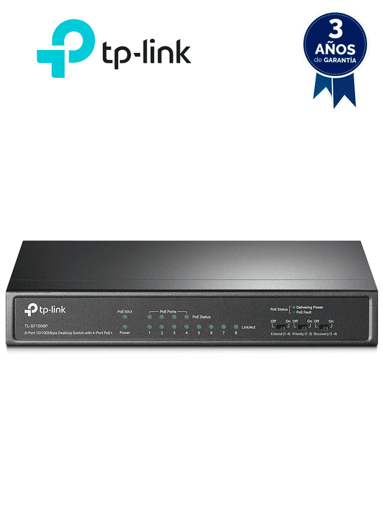 [TL-SF1008P] TP-LINK TL-SF1008P -Switch PoE no administrable con 8 puertos Fast Ethernet, que incluye 4 puertos PoE AF y AT. Ofrece un presupuesto PoE de hasta 66W y soporta modo extendido para conexiones de hasta 250m de longitud.