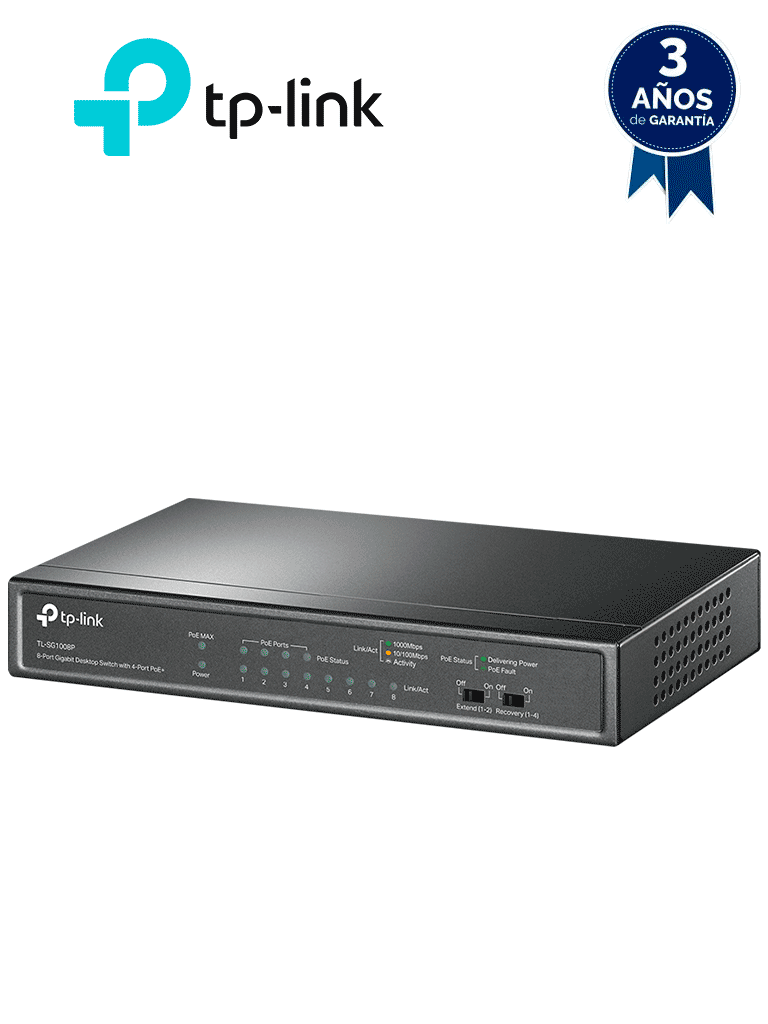 [TL-SG1008P] TP-LINK TL-SG1008P - Switch Gigabit PoE+ no administrable de 8 puertos 10/100/1000 Mbps, solo 4 puertos PoE, ideal para escritorio