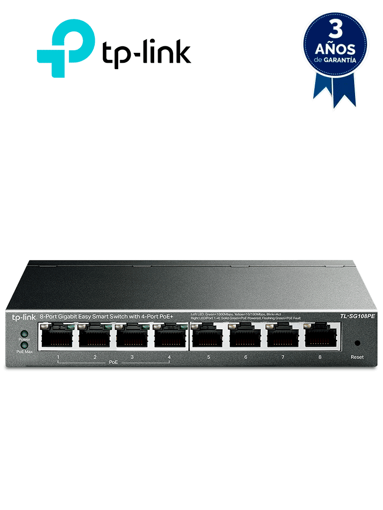 TP-LINK TL-SG108PE - Easy Smart Switch PoE JetStream con 8 puertos de 10/100/1000 Mbps y una capacidad de suministro de 64 W.
