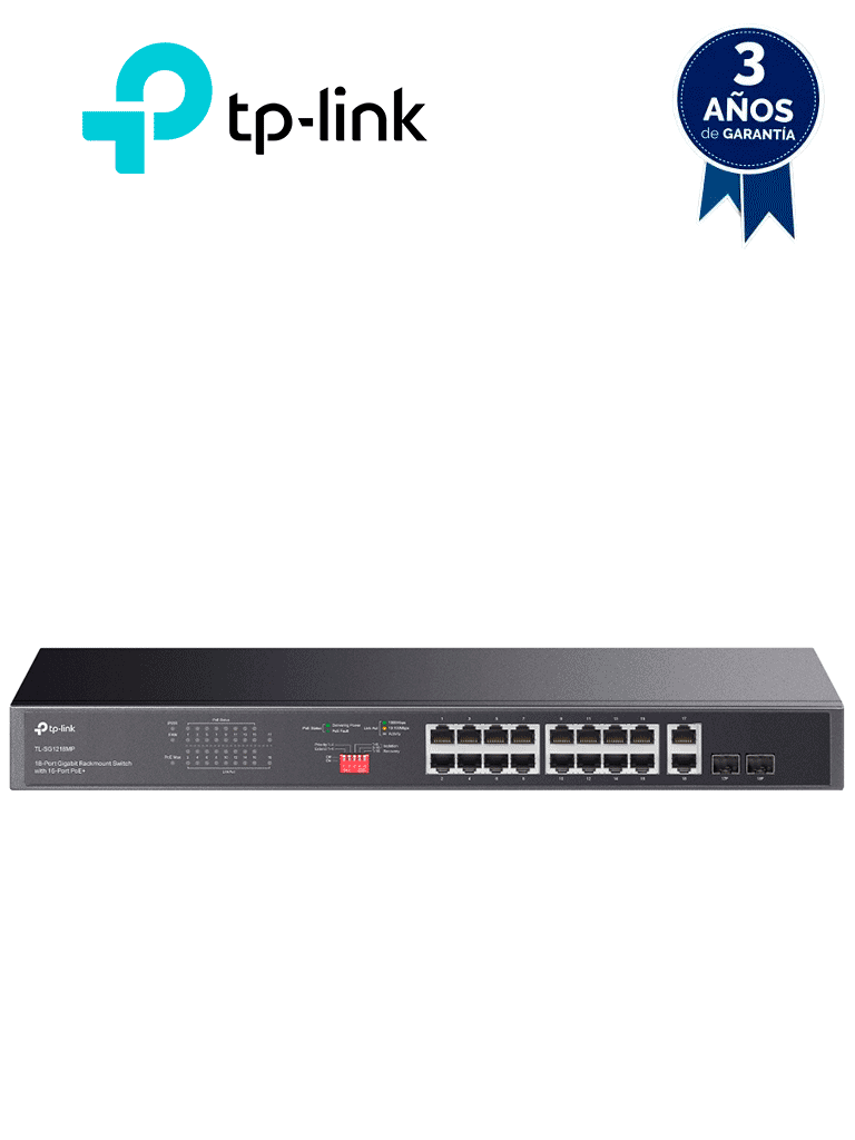 [TL-SG1218MP] TP-LINK TL-SG1218MP - Switch no administrable de 16 puertos 10/100/1000Mbps y PoE af/at con 2 puertos SFP hasta 250W.