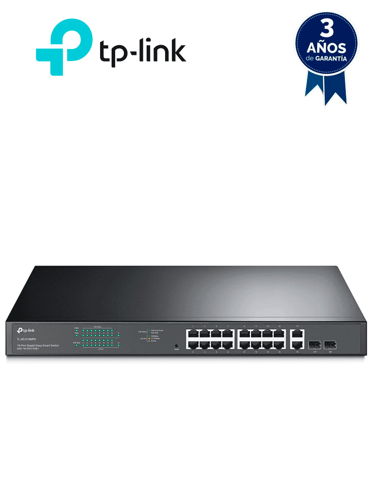 [TL-SG1218MPE] TP-LINK TL-SG1218MPE - Switch JetStream con 16 puertos 10/100/1000Mbps y soporte PoE af/at, además de 2 puertos SFP con una capacidad total de hasta 192W.