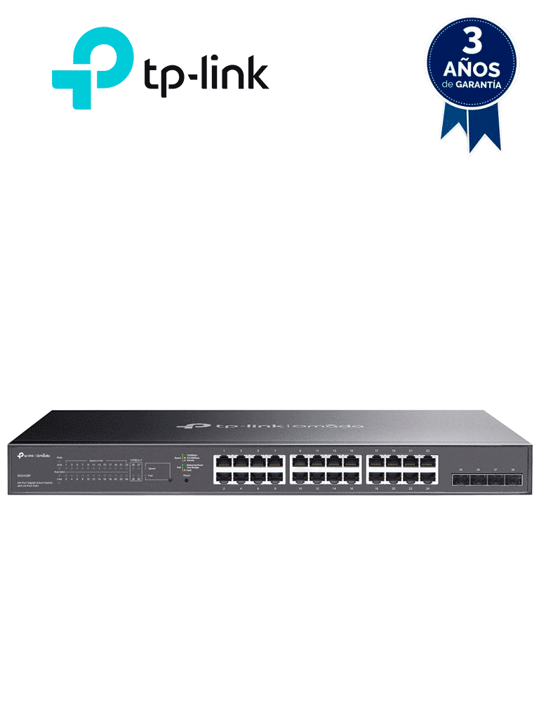 [SG2428P] TP-LINK TL-SG2428P - Switch JetStream PoE administrable con 24 puertos 10/100/1000 Mbps y 4 puertos SFP. Incluye 24 puertos PoE con una capacidad total de 250W, y es compatible con administración centralizada OMADA SDN.