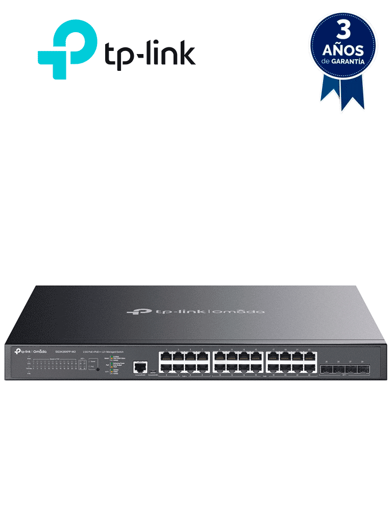 [SG3428XMP] TP-LINK TL-SG3428XMP - Switch L2+ Omada PoE+ con 24 puertos PoE+ 10/100/1000 Mbps, 4 puertos SFP+ 10G y consola RJ45/microUSB, además gestión centralizada Omada/Stand-Alone, soporte Multicast IGMP, QoS y presupuesto PoE 384W, versión 3.0 #MCI1