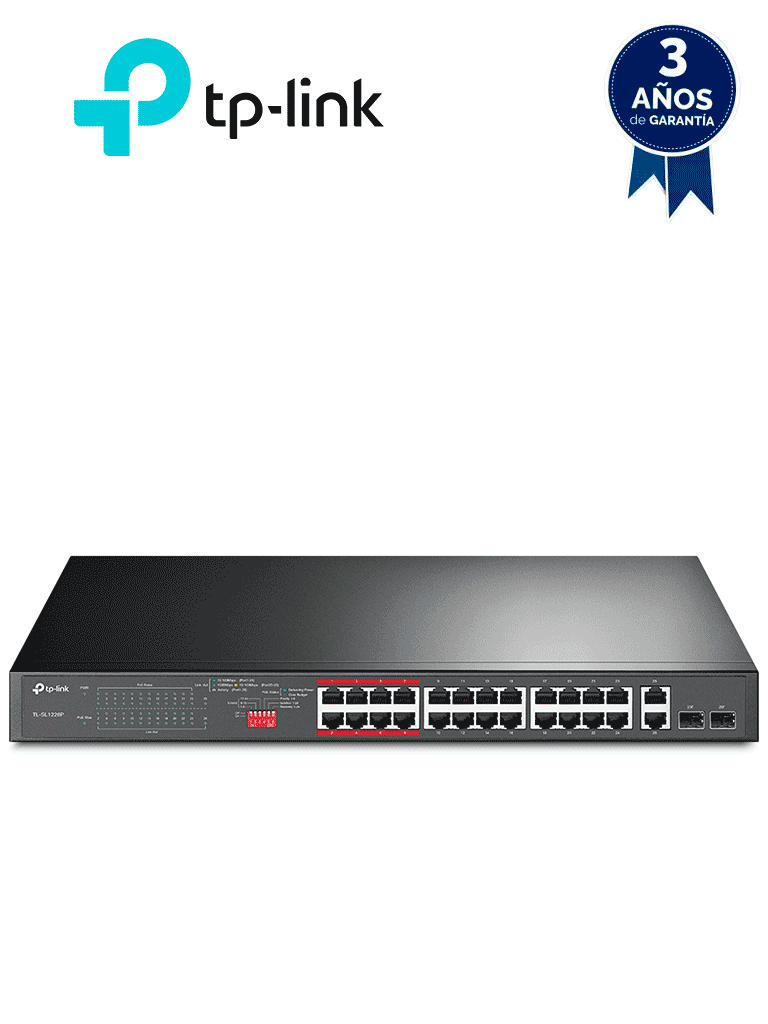 [TL-SL1226P] TP-LINK TL-SL1226P - Switch PoE+ no administrable con 26 puertos 10/100 Mbps, 2 puertos 10/100/1000 Mbps y 2 puertos SFP. Incluye 8 puertos extensores PoE (hasta 250 m) con una capacidad de 250W, diseñado específicamente para vigilancia IP.