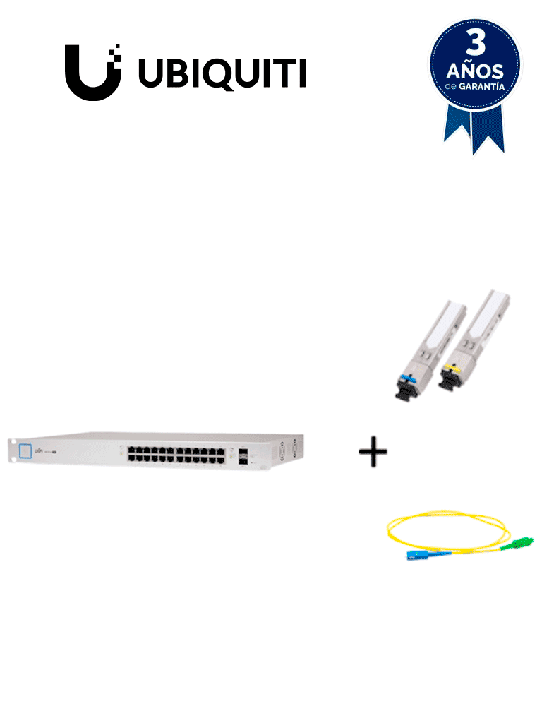 UBIQUITI US24250WPAQFIB2 - Paquete de Switch Poe 24 Puertos RJ45 y 2 Puertos SFP + Par de transceptores de fibra óptica SFP monomodo hasta 20km + Jumper Simplex 2 mm de 2 Metros #UB