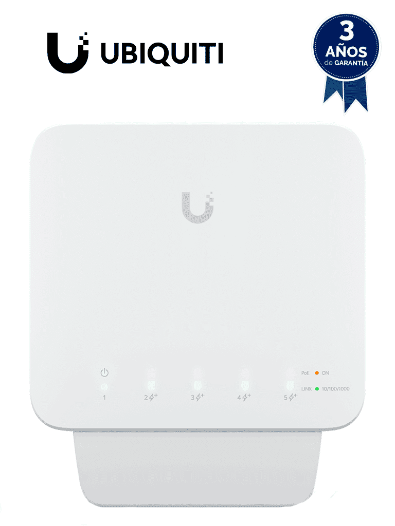UBIQUITI USW-FLEX Switch UniFi para exterior IP55 de 5 puertos 10/100/1000, con 1 puerto PoE de entrada 802.3af/at/bt y 4 puertos PoE de salida 802.3af. Compatible con Inyector PoE-50-60W y UTP7201GE-PSE60. No incluye inyector PoE.#UBI79