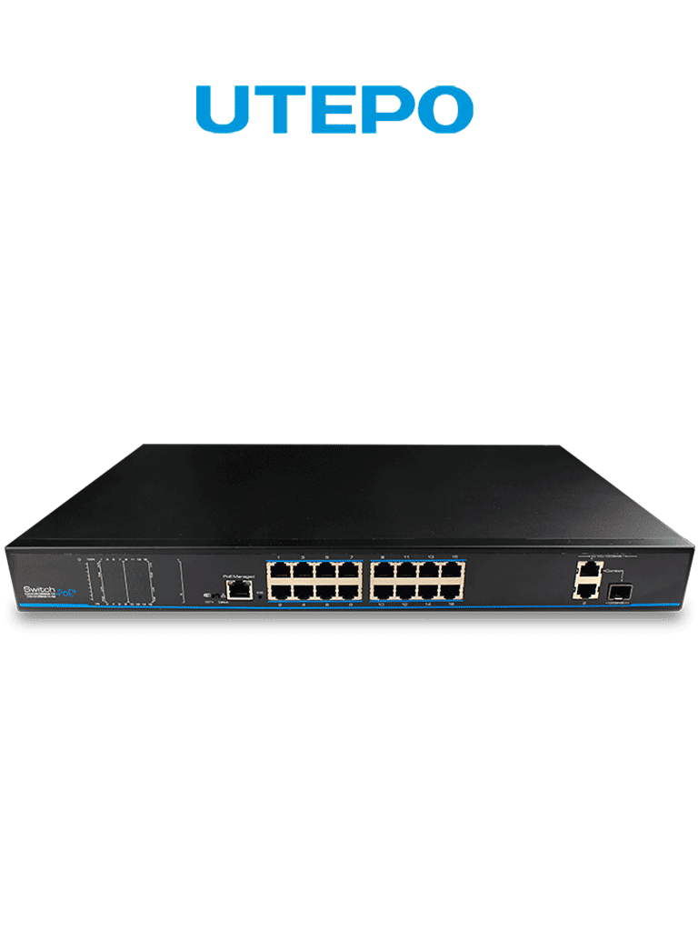 [UTP1-SW1602TS-POE] UTEPO UTP1SW1602TSPOE - Switch PoE, 16 puertos PoE Fast Ethernet, 1 puerto combo Gigabit SFP/RJ45, 1 puerto Gigabit RJ45, 802.3af/at, PoE 180W