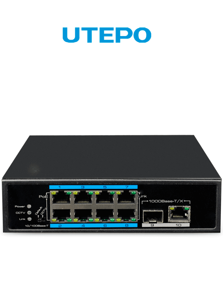 [UTP7108E-POE] UTEPO UTP7108EPOE - Switch industrial PoE+ de 10 puertos: 8 PoE 10/100 Mbps, 1 SFP 1000 Mbps, 1 RJ-45 10/100/1000 Mbps, PoE 120W, 802.3af/at, hasta 250m en modo CCTV, montaje en DIN rail