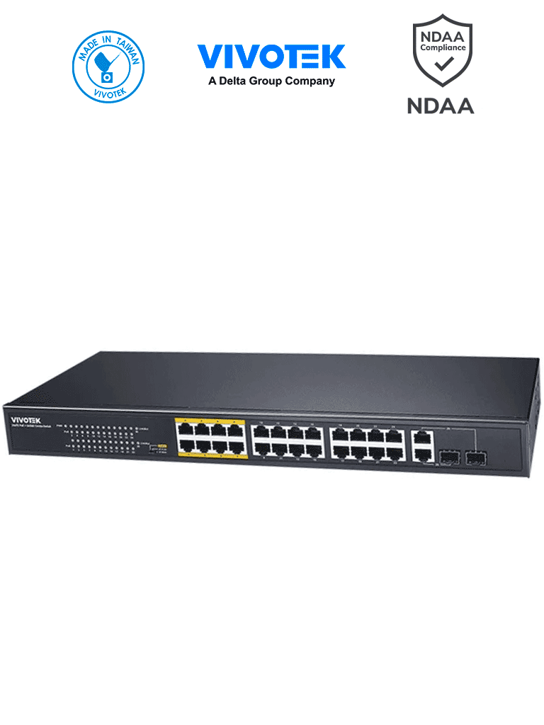 [AW-FGT-260F-380] VIVOTEK AW-FGT-260F-380 - Switch PoE no administrable, 24 puertos PoE FE RJ45, 2 puertos Combo GE RJ45,SFP, 30W por puerto, 380W totales, 8 puertos Modo Extendido hasta 250mts, 8.8 Gbps, Protección 6KV