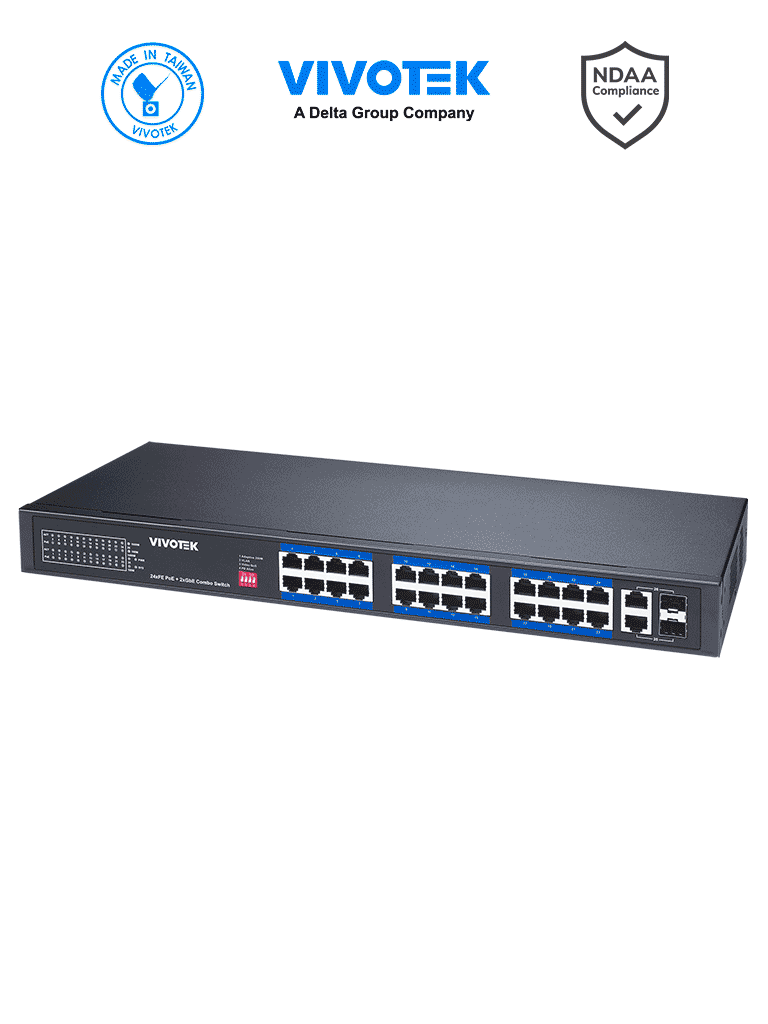 VIVOTEK AW-FGT-260P-370 - Switch PoE no administrable, 24 puertos PoE FE RJ45, 2 puertos Combo GE RJ45/SFP, 30W por puerto, 370W totales, PoE Extendido Adaptable hasta 250mts, 8.8 Gbps, Protección 6KV