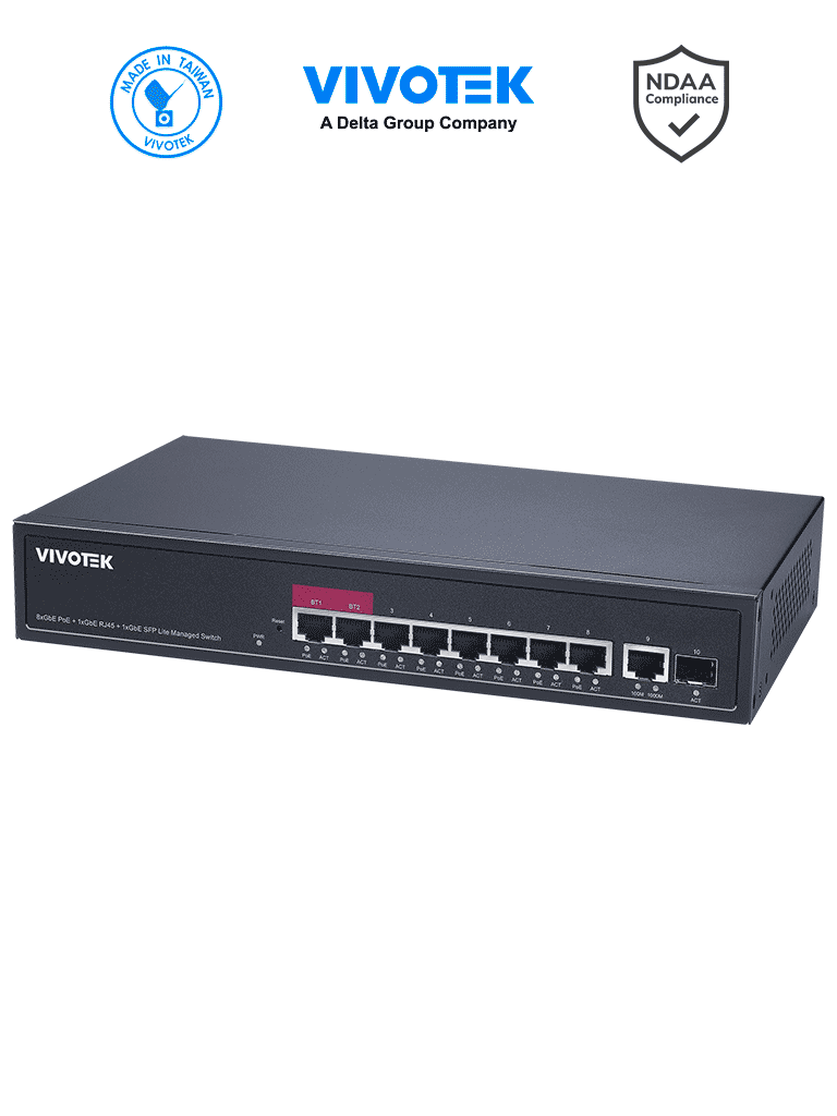 VIVOTEK AW-GEL-105A-110 - Switch PoE administrable, 8 puertos PoE Gigabit, 1 puerto GE, 1 puerto SFP, 20 Gbps, 30W por puerto,110W Totales, PoE Extendido 250mts