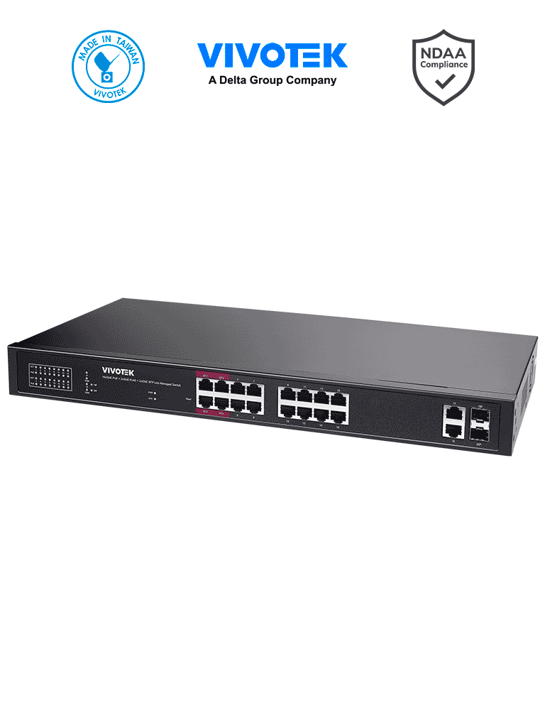 VIVOTEK AW-GEL-205A-260 - Switch PoE 20 puertos Administrable Lite, 16 puertos GE 30W PoE, 4 puertos GE 90W PoE, 2 puertos GE UTP, 2 puertos GE SFP lite, 40 Gbps, 260W totales, PoE Extendido 250 Mts, NDAA