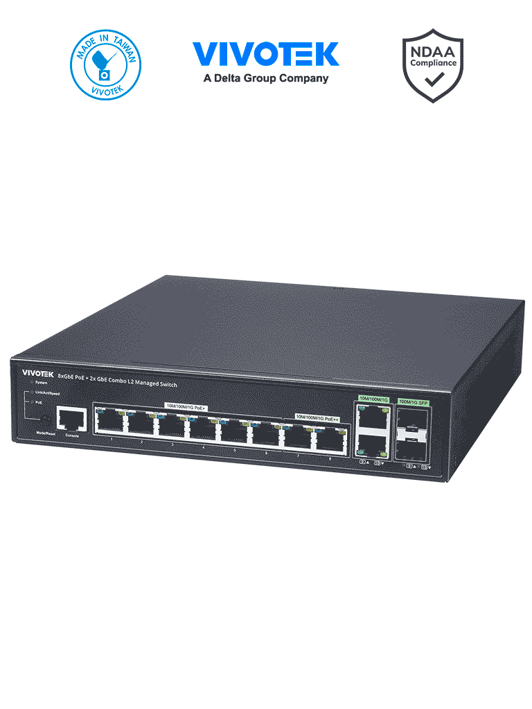 VIVOTEK AW-GEV-108A-130 - Switch Gigabit PoE Administrable con 8 puertos GE, 2 Puertos GE Combo SFP / RJ45, 150W totales, 30W por puerto, compatible con VIVOCAM