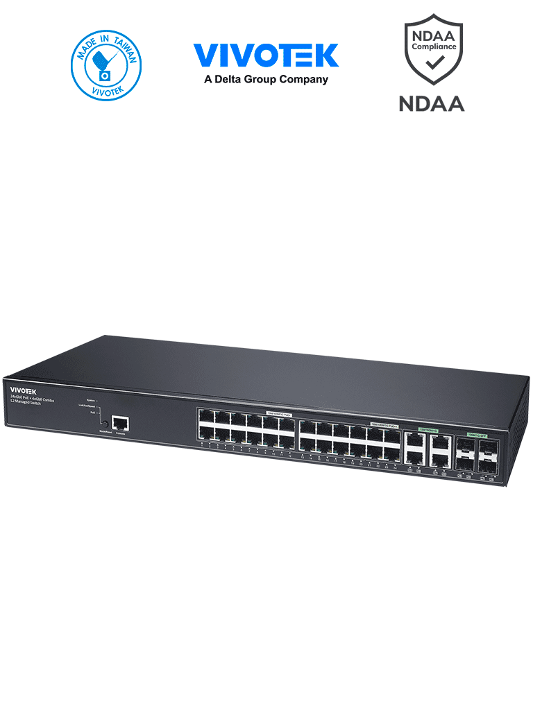 [AW-GEV-288A-370] VIVOTEK AW-GEV-288A-370 - Switch PoE Administrable 24 puertos Gigabit, 20 x GbE Poe 30W, 4x GbE Poe 90W, 4x GbE/SFP Combo, L2, VIVOCAM para Videovigilancia, 56Gbps, 370W Totales, Extended PoE, NDAA #V1