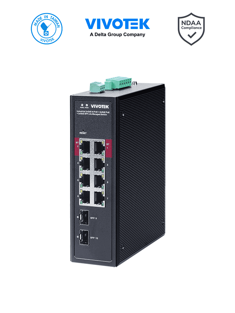 [AW-IHB-1040] VIVOTEK AW-IHB-1040 - Switch PoE Industrial Gigabit 8 puertos Administrable, 2 ptos PoE GbE 90W, 6 ptos GbE 30W, 2 ptos GbE SFP, 300W Totales, Modo PoE Extendido hasta 250 mts, 20Gbps, VLAN, Entrada de alimentacion 48-56VDC (fuente de poder no incluida)