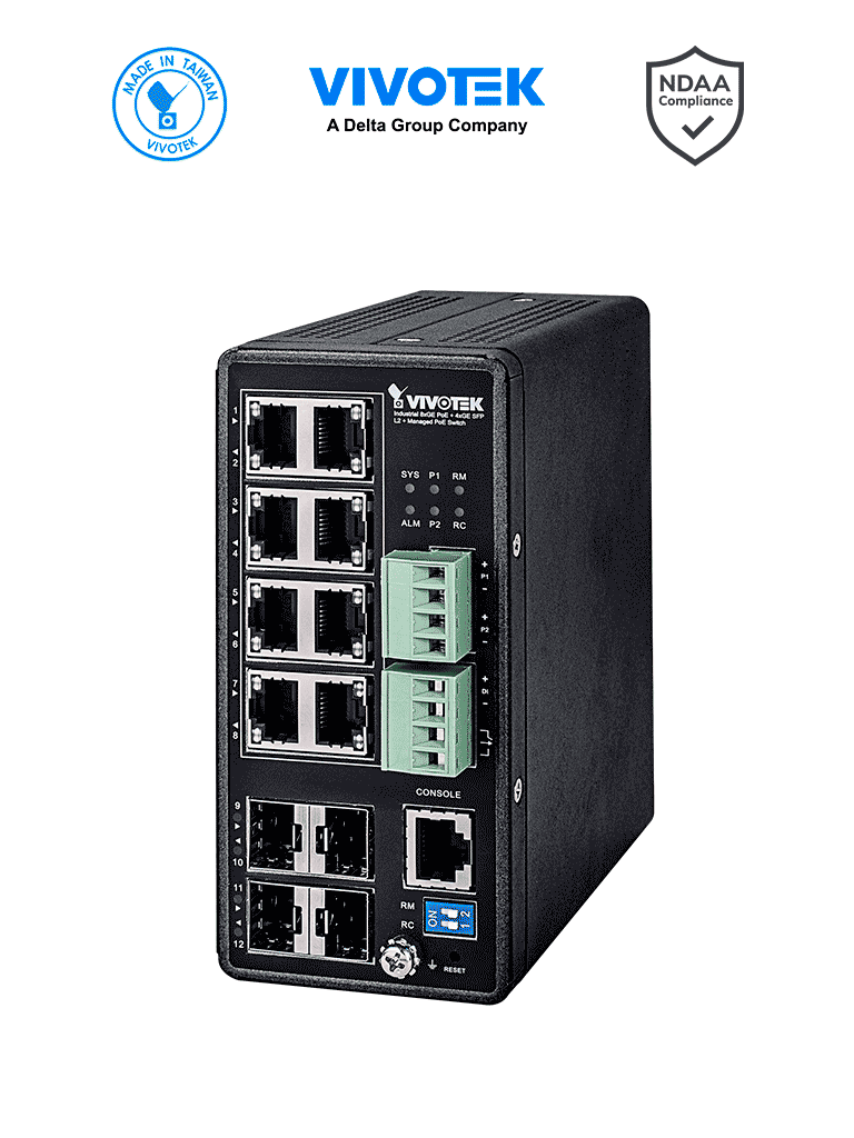 [AW-IHT-1271] VIVOTEK AW-IHT-1271 - Switch PoE Industrial Vivocam L2+ Administrable, 8 puertos GE Poe, 4 puertos GE SFP, 30W por puerto, 240W Totales