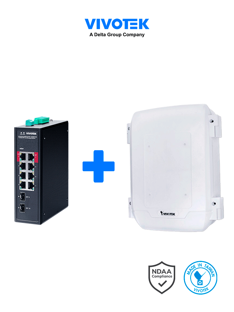 VIVOTEK AWIHB1040EXT - Switch PoE Industrial 8 puertos PoE, Administrable, 2 puertos PoE GbE 90W, 6 puertos GbE 30W, 2 puertos GbE SFP, 300W Totales, Modo PoE Extendido hasta 250 mts, 20Gbps, VLAN. Incluye gabinete para Exterior, IP66, Antivandalico IK10