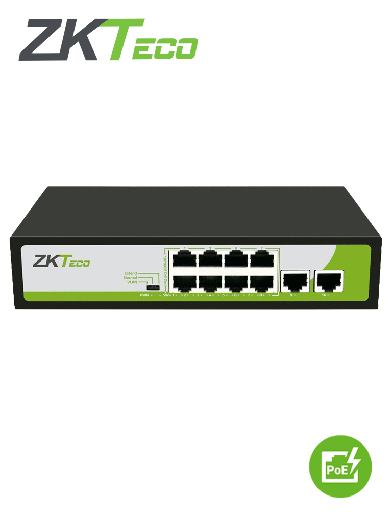 [PE082-120-C] ZKTECO PE082120C- Switch de 8 Puertos Fast Ethernet PoE AF - AT / 2 Puertos RJ45 10/100M / PoE+ hasta 30W por puerto / Soporta hasta 250 mts sobre UTP CAT 6 / Autoadaptación MDI - MDIX / Protección Contra Descargas