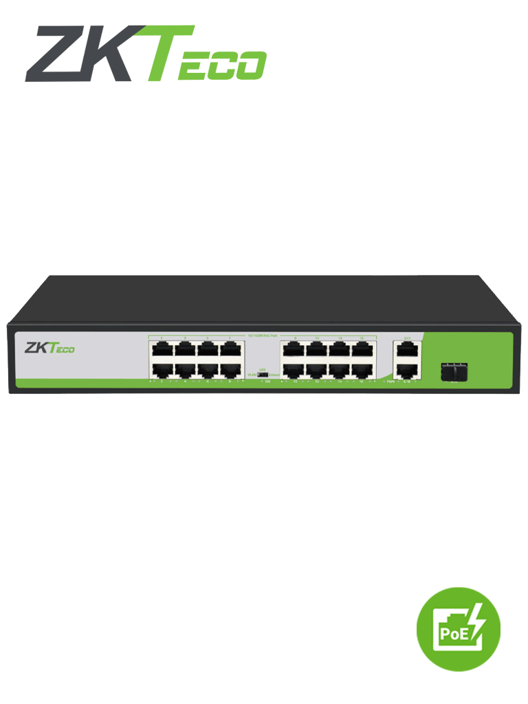 [PE162-200-C] ZKTECO PE162200C - Switch de 16 Puertos Fast Ethernet PoE AF - AT / 2 Puertos RJ45 10/100/1000M + 1 Puerto SFP 1G / PoE+ hasta 30W por puerto / Soporta hasta 250 mts sobre UTP CAT 6 / Autoadaptación MDI - MDIX / Protección Contra Descargas