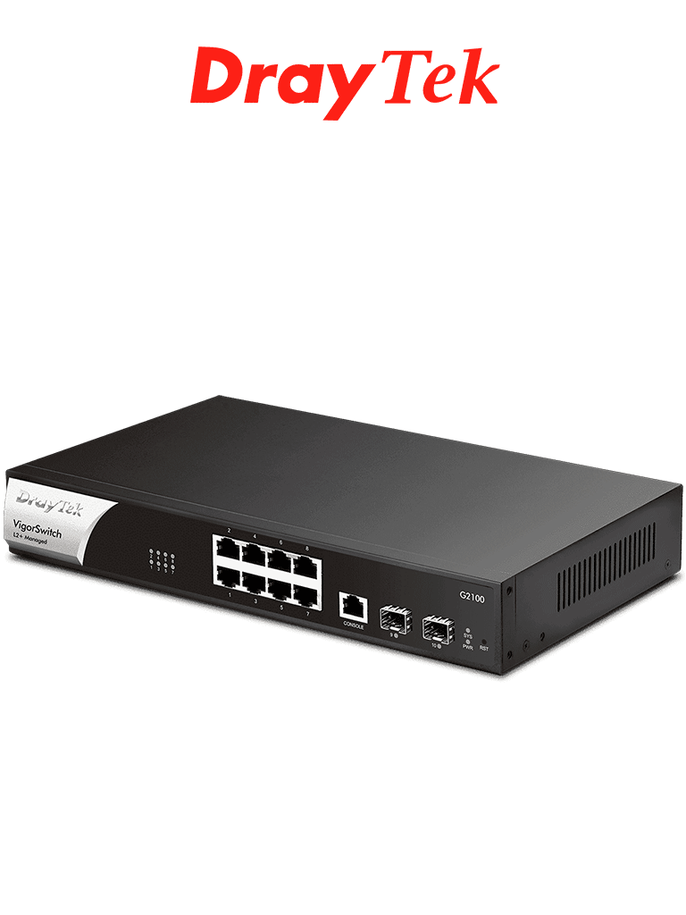 DRAYTEK VigorSwitch G2100 - Switch Gigabit administrable de 10 puertos, 8 puertos 10/100/1000Mbps, 2 SFP, 1 consola, capa 2 con funciones de capa 3 (DHCP, enrutamiento VLAN), interfaz web y prevención de conflictos IP
