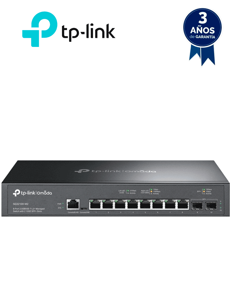 TP-LINK SG3210X-M2 - Switch administable L2 OMADA, con 8 puertos RJ45 de 2.5GbE , 2 puertos SFP+ 10G , Gestión en la nube con OMADA , DHCP Snooping, 802.1X, Autenticación Radius , ACL , QoS L2/L3/L4 y IGMP Snooping.