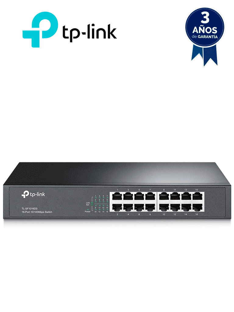[TL-SF1016DS] TP-LINK TL-SF1016DS - Switch no administrable con 16 puertos Fast Ethernet, diseñado para montaje en rack o en escritorio.