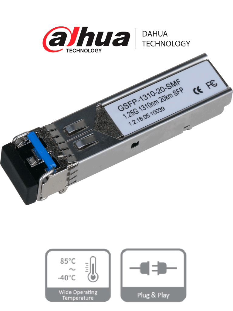 [GSFP-1310-20-SMF] DAHUA GSFP-1310-20-SMF Módulo óptico Gigabit/ Doble fibra monomodo/ Puerto LC/ Envío de 1310nm y recepción de 1310nm/ Distancia de transmisión hasta 20 km