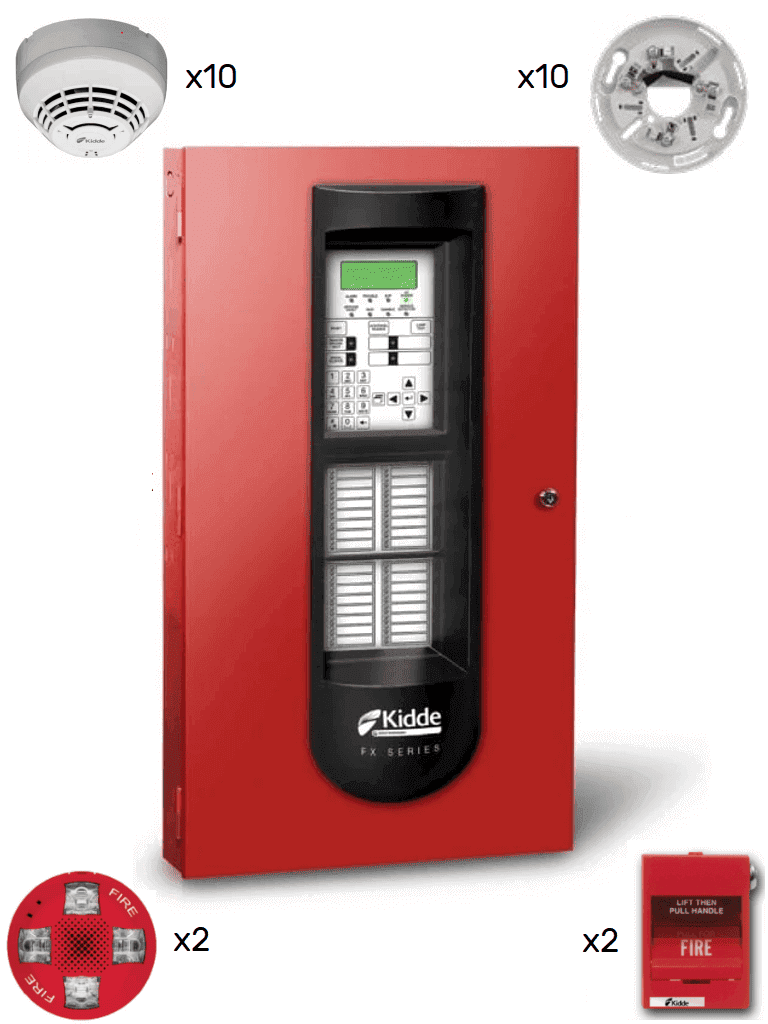 KIDDE F_FX1000KIT10 - Panel FX 1000 / 10 Detectores de Humo con Bases / 2 Estaciones Manuales / 2 Sirenas con Estrobo