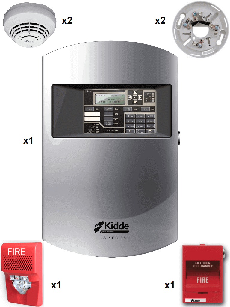 [VS1GSP-KIT2] KIDDE F_VS1GSPKIT2 - Panel 64 Dispositivos Direccionables / 2 Detectores de Humo con Bases / 1 Estación Manual / 1 Sirena con Estrobo