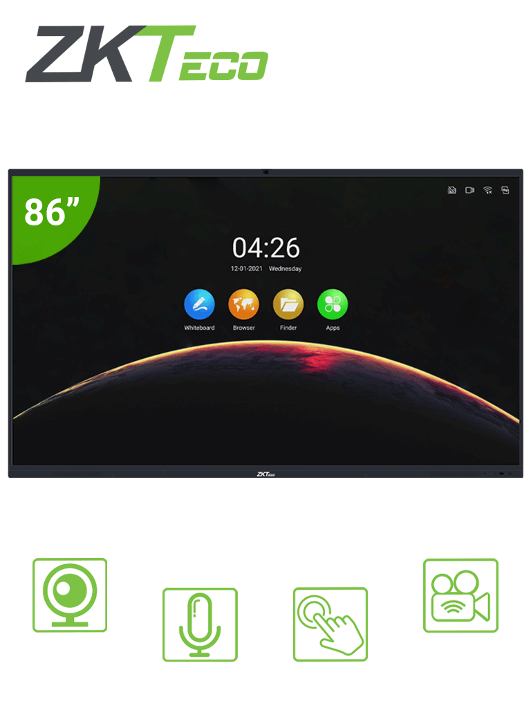 [ZK-IWB86B] ZKTECO IWB86B - Pantalla Digital Interactiva / 86 pulgadas / 4K UHD / Android / Bisel Delgado / Cámara Integrada 13 megapíxeles / Matriz de 6 Micrófonos / 20 Puntos Multi-touch / Proyección Inalámbrica mediante WiFi