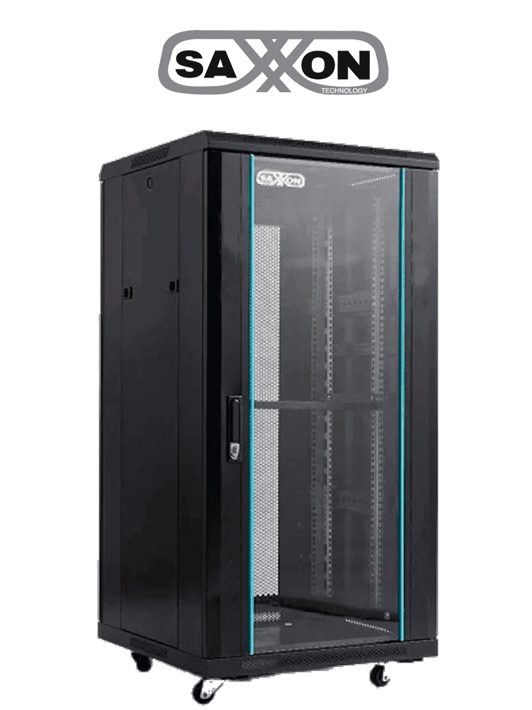 SAXXON SXR22U6622S - Gabinete de Piso color Negro / 22UR / Puerta de Vidrio Templado / Alto 109 cm / Ancho 60 cm / Profundidad 60 cm / Incluye Base con 2 Ventiladores 220V
