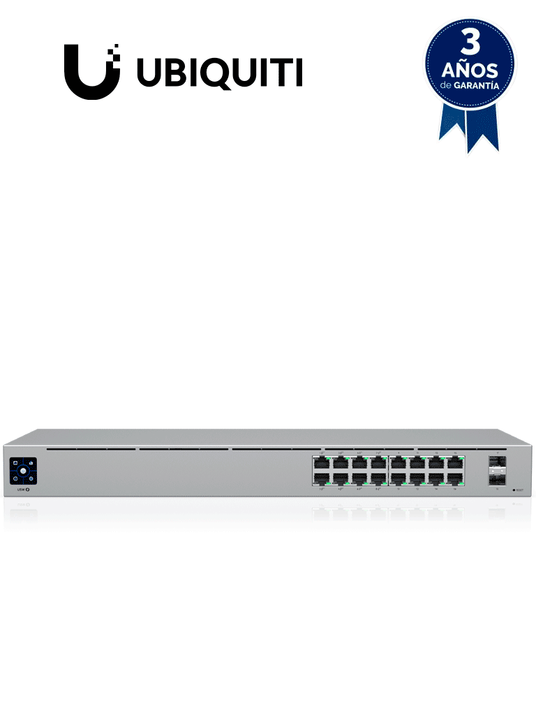 UBIQUITI USW-16-POE - Switch Capa 2 de 16 Puertos/ 8 Puertos PoE 802.3af&at y 8 Puertos Gigabit sin PoE/ 2 Puertos 1Gbps SFP/ Presupuesto PoE de Hasta 42W/ Pantalla Informativa