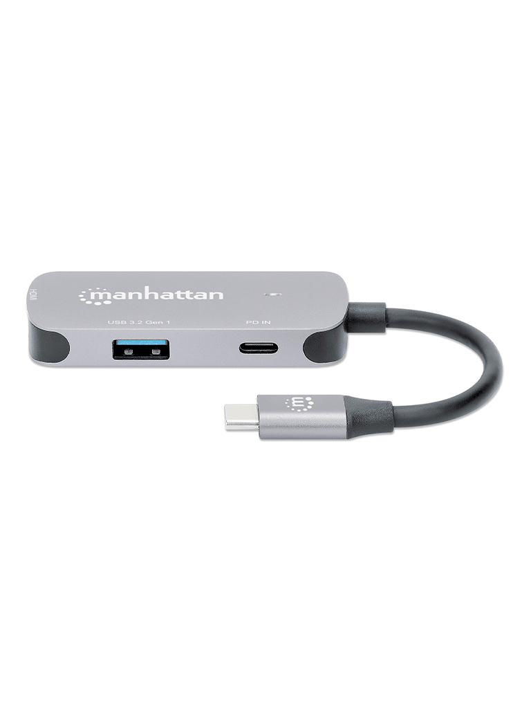 MANHATTAN - 190299 - Convertidor Docking USB-C a HDMI, 3 en 1 con PD / Un conector USB 3.2 tipo C macho a un puerto HDMI (4K@60Hz), un USB-A (5 Gbps) y un USB-C PD (100 W), convertidor multipuerto con puerto de carga de paso, aluminio, gris espacial