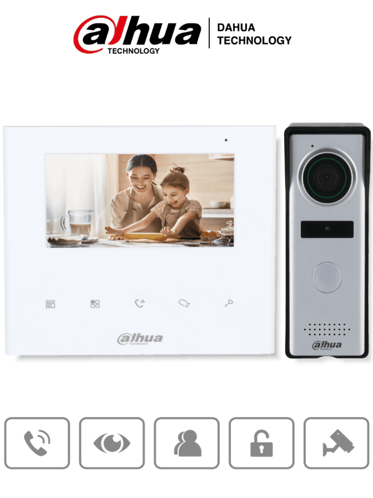 [DHI-KTA04] DAHUA DHI-KTA04 - Kit de videoportero analógico con monitor de 4.3" y botones táctiles. Incluye frente de calle con cámara de 1.3 MP, múltiples tonos de timbre personalizables, y función de apertura de puerta para mayor seguridad y comodidad.