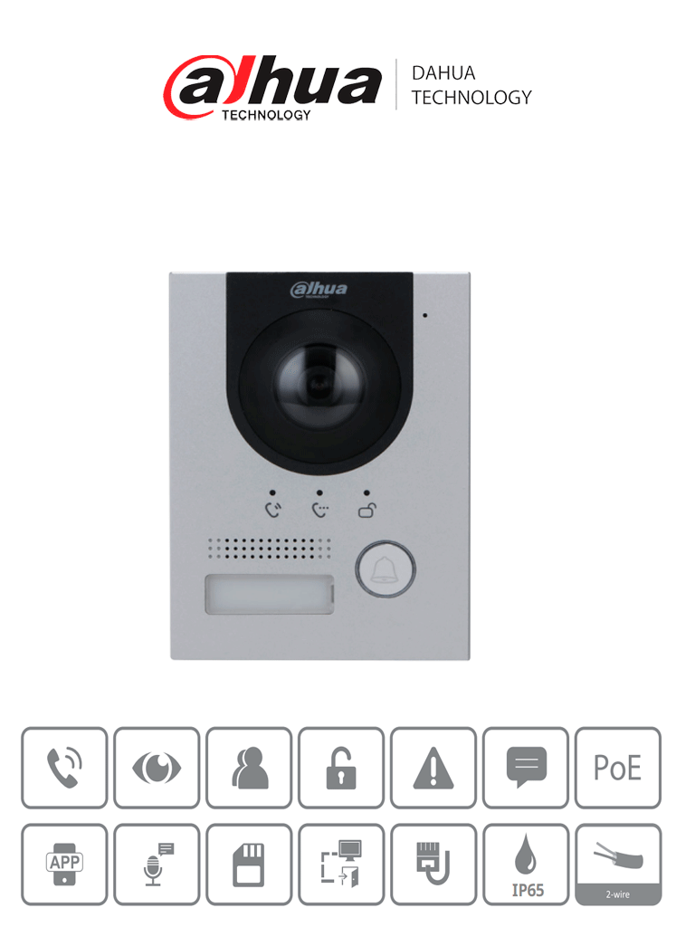 DAHUA VTO2202F-P-S2 - Frente de calle para videoportero IP/ Metálico/ Cámara de 2 MP con 160° de apertura/ IK07/ Exterior IP65/ Visión nocturna/ PoE/ Indicador de voz/ Apertura de chapa/ Solo alimentación PoE/ #VDP